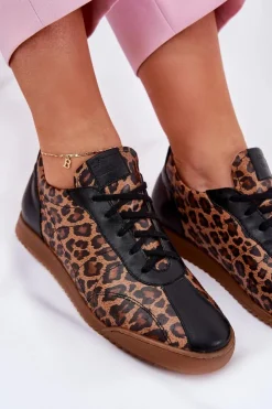 Laura Messi Sneakersy Damskie*Skórzane Buty Sportowe Damskie W Panterkę 2935 Brązowe Brązowy