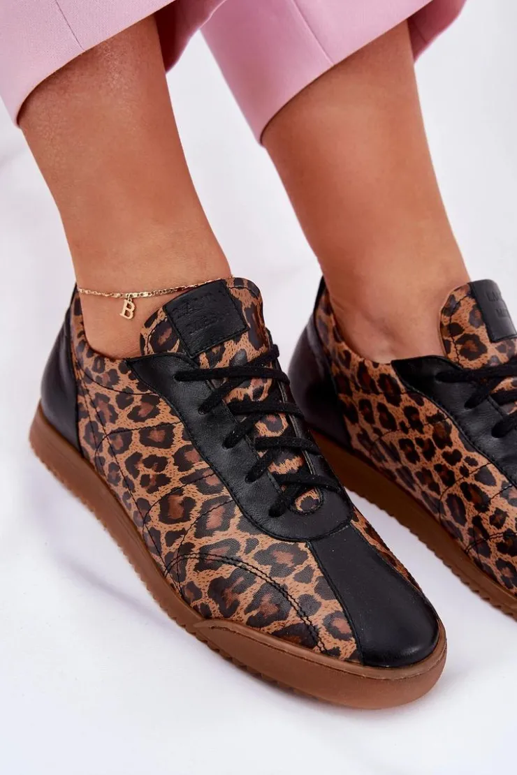 Laura Messi Sneakersy Damskie*Skórzane Buty Sportowe Damskie W Panterkę 2935 Brązowe Brązowy