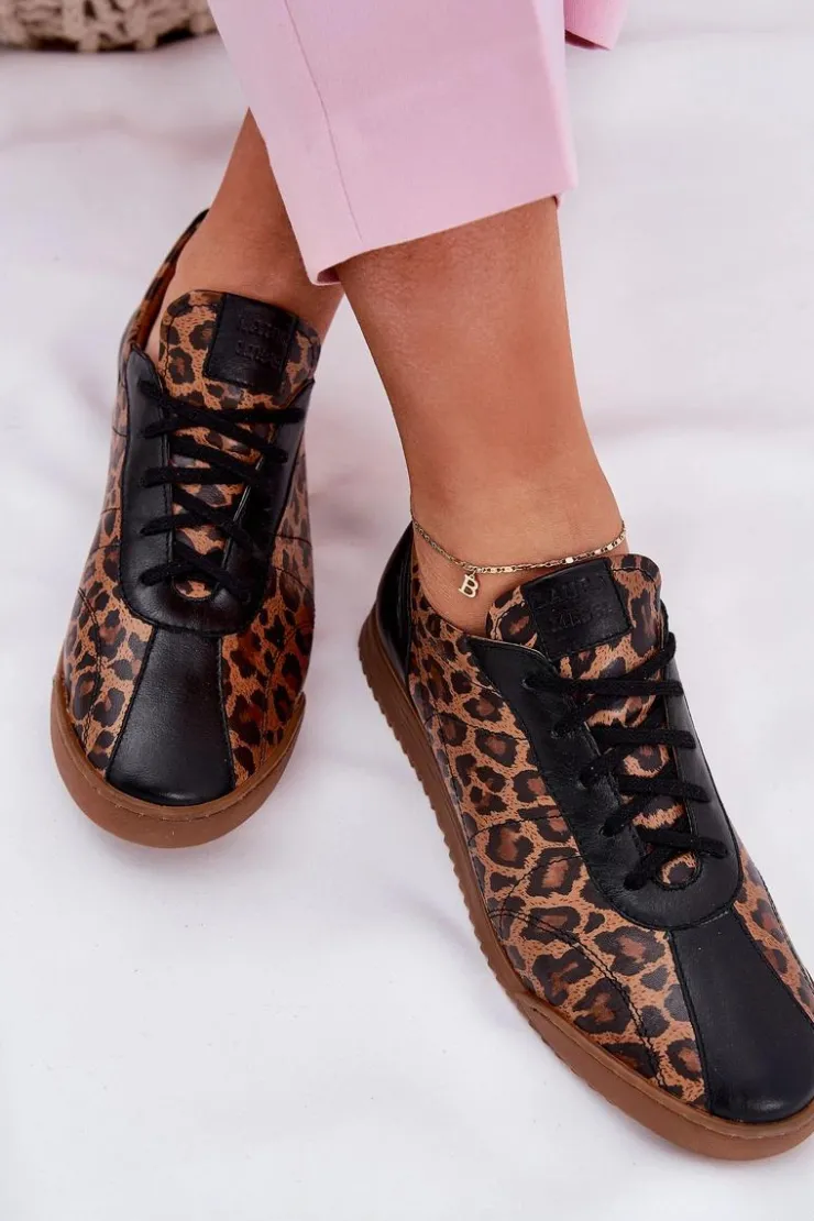 Laura Messi Sneakersy Damskie*Skórzane Buty Sportowe Damskie W Panterkę 2935 Brązowe Brązowy