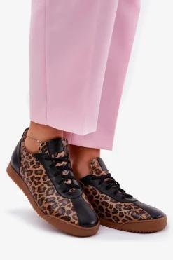 Laura Messi Sneakersy Damskie*Skórzane Buty Sportowe Damskie W Panterkę 2935 Brązowe Brązowy