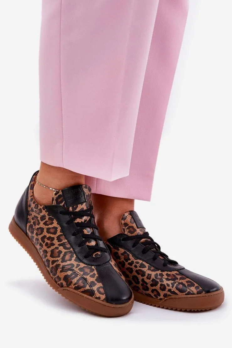 Laura Messi Sneakersy Damskie*Skórzane Buty Sportowe Damskie W Panterkę 2935 Brązowe Brązowy