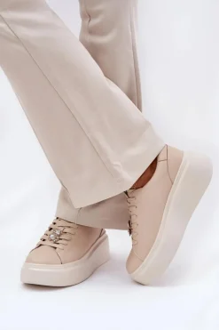 Sale Buty damskie Vinceza Skórzane Buty Sportowe Damskie Na Platformie Z Przypinką Vinceza 39922 Beżowe Beżowy