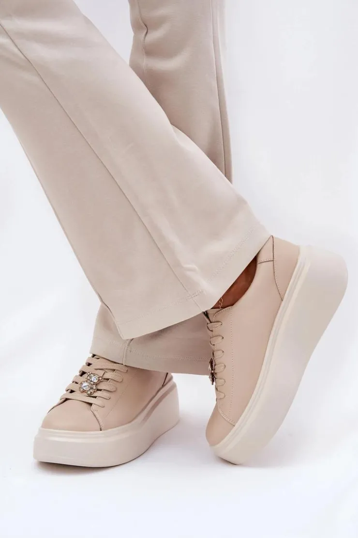 Sale Buty damskie Vinceza Skórzane Buty Sportowe Damskie Na Platformie Z Przypinką Vinceza 39922 Beżowe Beżowy