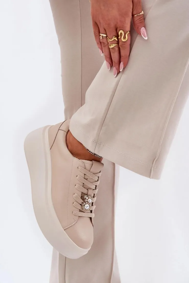 Sale Buty damskie Vinceza Skórzane Buty Sportowe Damskie Na Platformie Z Przypinką Vinceza 39922 Beżowe Beżowy