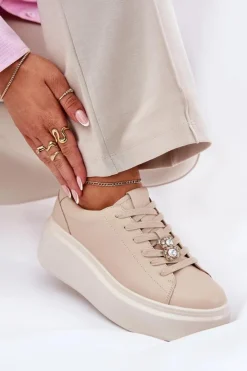 Sale Buty damskie Vinceza Skórzane Buty Sportowe Damskie Na Platformie Z Przypinką Vinceza 39922 Beżowe Beżowy