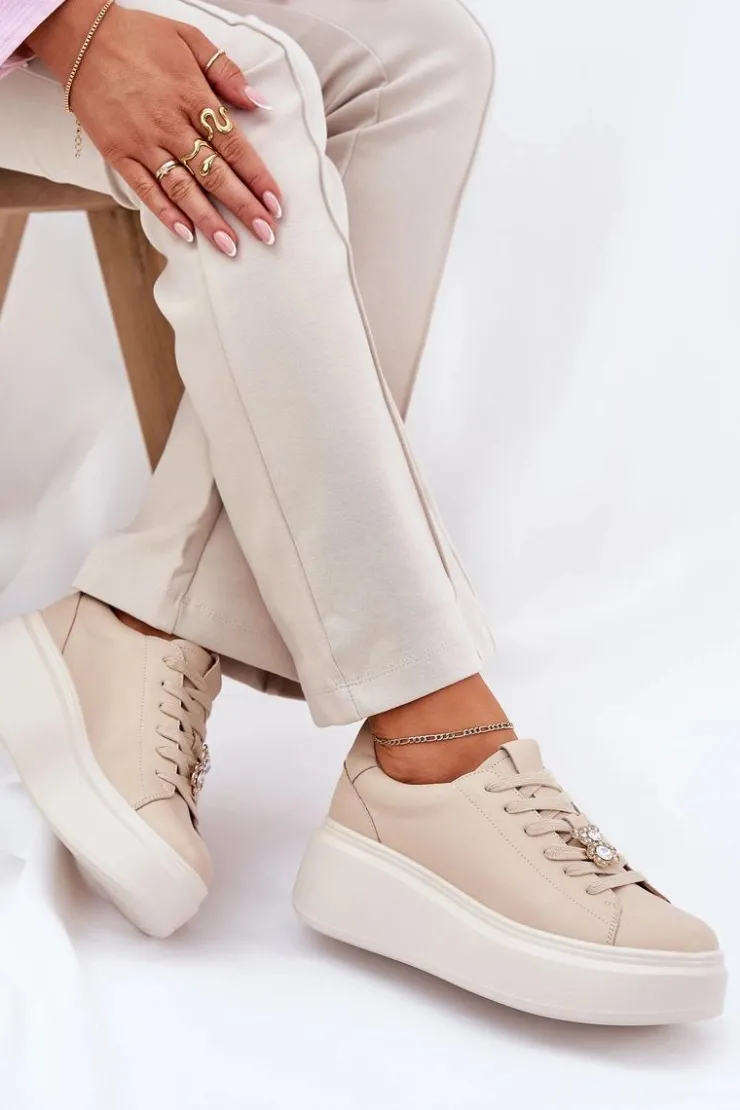 Sale Buty damskie Vinceza Skórzane Buty Sportowe Damskie Na Platformie Z Przypinką Vinceza 39922 Beżowe Beżowy