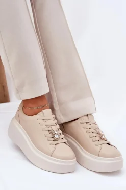Sale Buty damskie Vinceza Skórzane Buty Sportowe Damskie Na Platformie Z Przypinką Vinceza 39922 Beżowe Beżowy