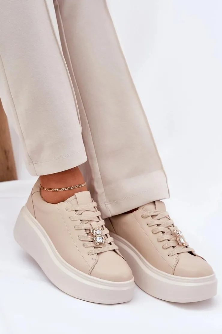 Sale Buty damskie Vinceza Skórzane Buty Sportowe Damskie Na Platformie Z Przypinką Vinceza 39922 Beżowe Beżowy