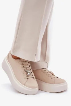 Sale Buty damskie Vinceza Skórzane Buty Sportowe Damskie Na Platformie Z Przypinką Vinceza 39922 Beżowe Beżowy