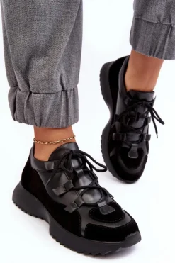 Outlet Zazoo Skórzane Buty Sportowe Damskie M01/2 Czarne Czarny