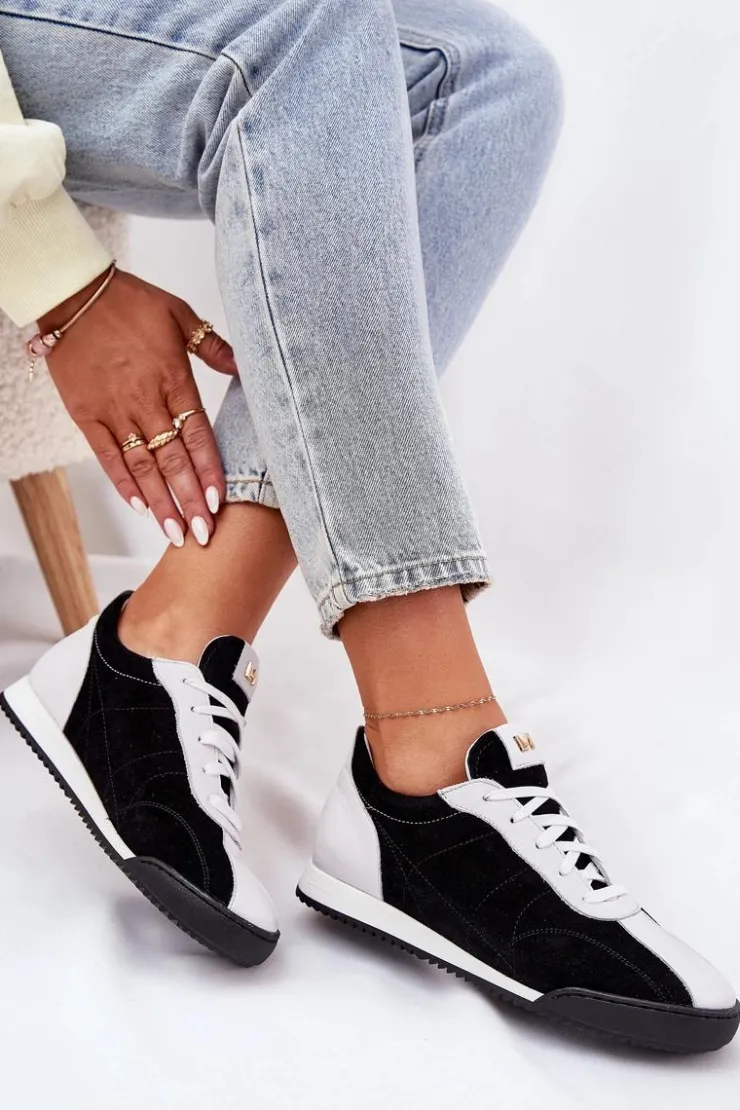 Clearance Laura Messi Skórzane Buty Sportowe Damskie 2935 Czarne Czarny