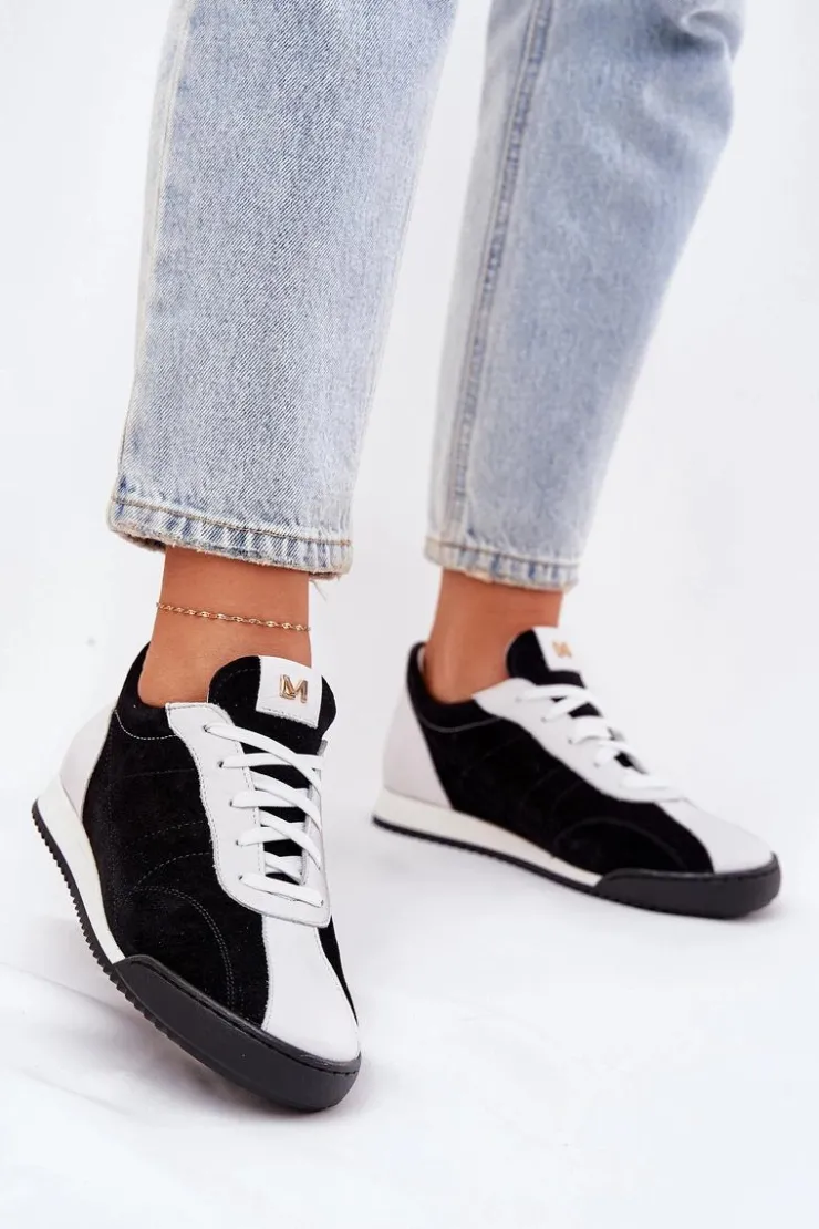 Clearance Laura Messi Skórzane Buty Sportowe Damskie 2935 Czarne Czarny