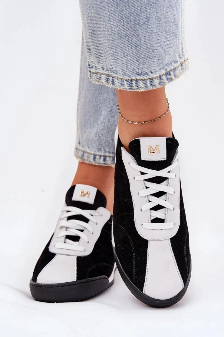 Clearance Laura Messi Skórzane Buty Sportowe Damskie 2935 Czarne Czarny