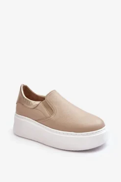Boto Sneakersy Damskie*Skórzane Buty Sportowe Damskie na Platformie Beżowe Lemar Manish