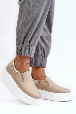 Boto Sneakersy Damskie*Skórzane Buty Sportowe Damskie na Platformie Beżowe Lemar Manish