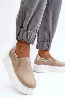 Boto Sneakersy Damskie*Skórzane Buty Sportowe Damskie na Platformie Beżowe Lemar Manish