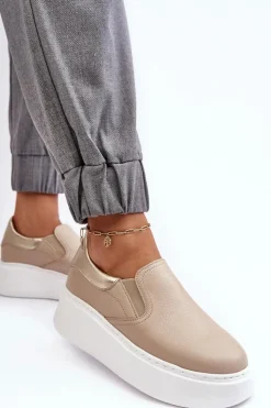 Boto Sneakersy Damskie*Skórzane Buty Sportowe Damskie na Platformie Beżowe Lemar Manish