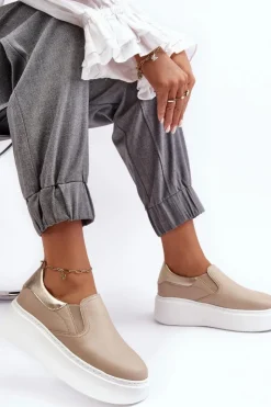 Boto Sneakersy Damskie*Skórzane Buty Sportowe Damskie na Platformie Beżowe Lemar Manish
