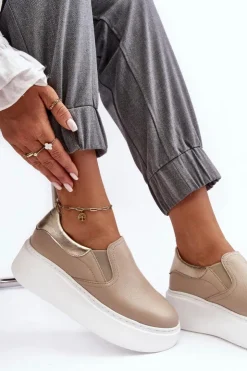 Boto Sneakersy Damskie*Skórzane Buty Sportowe Damskie na Platformie Beżowe Lemar Manish