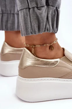 Boto Sneakersy Damskie*Skórzane Buty Sportowe Damskie na Platformie Beżowe Lemar Manish