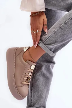 Sale Maciejka Skórzane Buty Sportowe Na Platformie 06191-04 Beżowe Beżowy