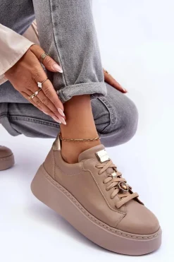 Sale Maciejka Skórzane Buty Sportowe Na Platformie 06191-04 Beżowe Beżowy