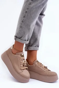Sale Maciejka Skórzane Buty Sportowe Na Platformie 06191-04 Beżowe Beżowy