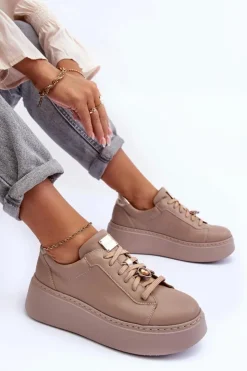 Sale Maciejka Skórzane Buty Sportowe Na Platformie 06191-04 Beżowe Beżowy