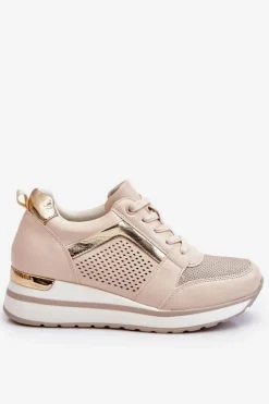 Damskie Boto Skórzane Buty Sportowe Na Niewysokim Koturnie Beżowe Braylen