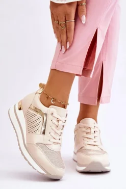 Damskie Boto Skórzane Buty Sportowe Na Niewysokim Koturnie Beżowe Braylen