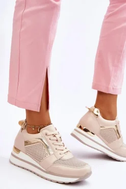 Damskie Boto Skórzane Buty Sportowe Na Niewysokim Koturnie Beżowe Braylen