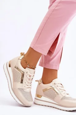 Damskie Boto Skórzane Buty Sportowe Na Niewysokim Koturnie Beżowe Braylen