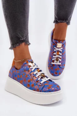 Damskie Maciejka Skórzane Buty Sportowe Na Platformie 06191-06 Niebieskie