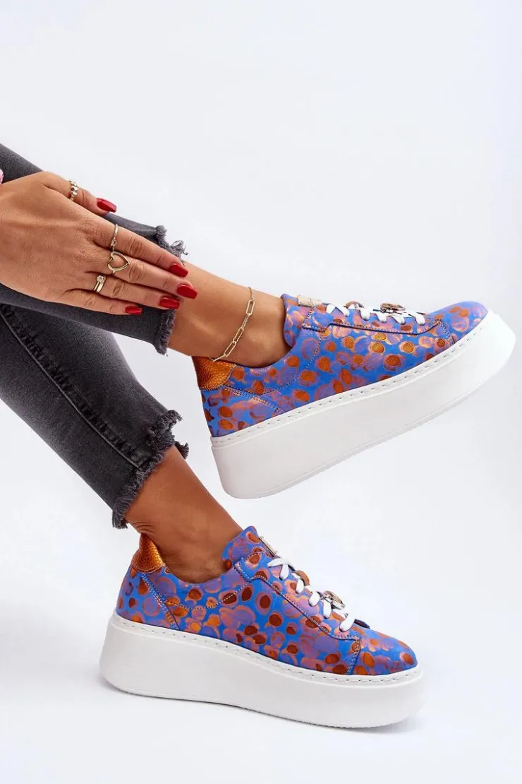 Damskie Maciejka Skórzane Buty Sportowe Na Platformie 06191-06 Niebieskie