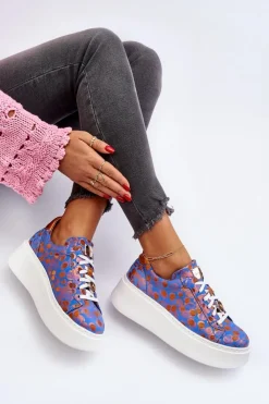 Damskie Maciejka Skórzane Buty Sportowe Na Platformie 06191-06 Niebieskie