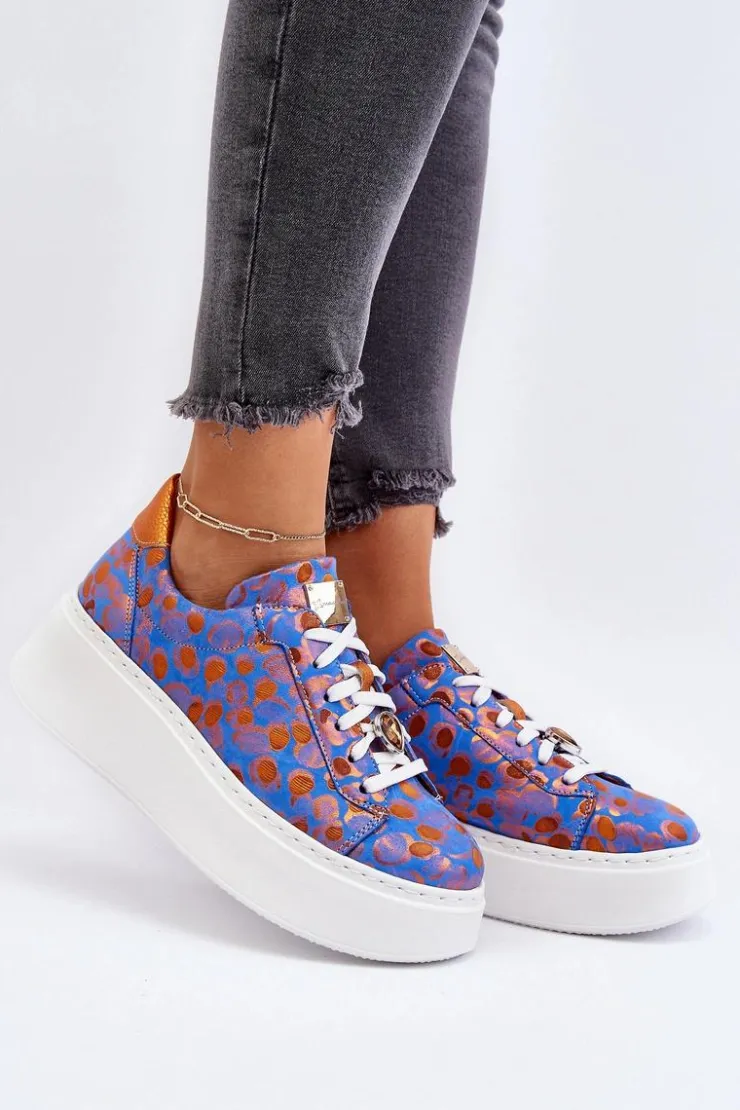 Damskie Maciejka Skórzane Buty Sportowe Na Platformie 06191-06 Niebieskie
