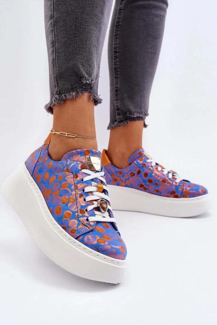 Damskie Maciejka Skórzane Buty Sportowe Na Platformie 06191-06 Niebieskie