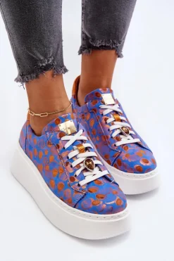 Damskie Maciejka Skórzane Buty Sportowe Na Platformie 06191-06 Niebieskie