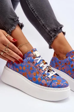 Damskie Maciejka Skórzane Buty Sportowe Na Platformie 06191-06 Niebieskie