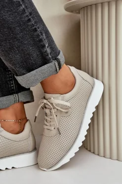 Damskie Damskie buty S.Barski Skórzane Buty Sportowe Na Platformie Z Brokatem D&A LR51-629 Beżowe