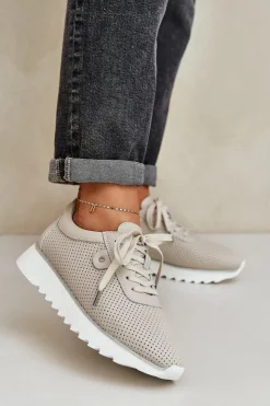 Damskie Damskie buty S.Barski Skórzane Buty Sportowe Na Platformie Z Brokatem D&A LR51-629 Beżowe