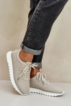 Damskie Damskie buty S.Barski Skórzane Buty Sportowe Na Platformie Z Brokatem D&A LR51-629 Beżowe