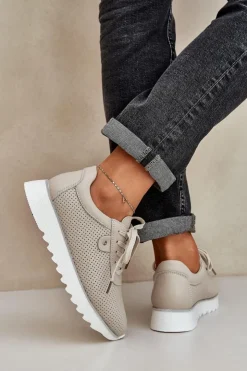 Damskie Damskie buty S.Barski Skórzane Buty Sportowe Na Platformie Z Brokatem D&A LR51-629 Beżowe