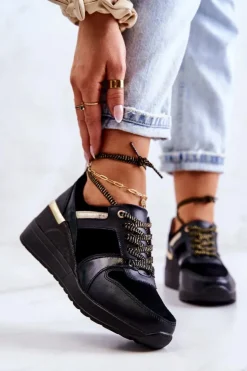 Best Damskie buty S.Barski Skórzane Buty Sportowe Na Koturnie Czarne Rayana