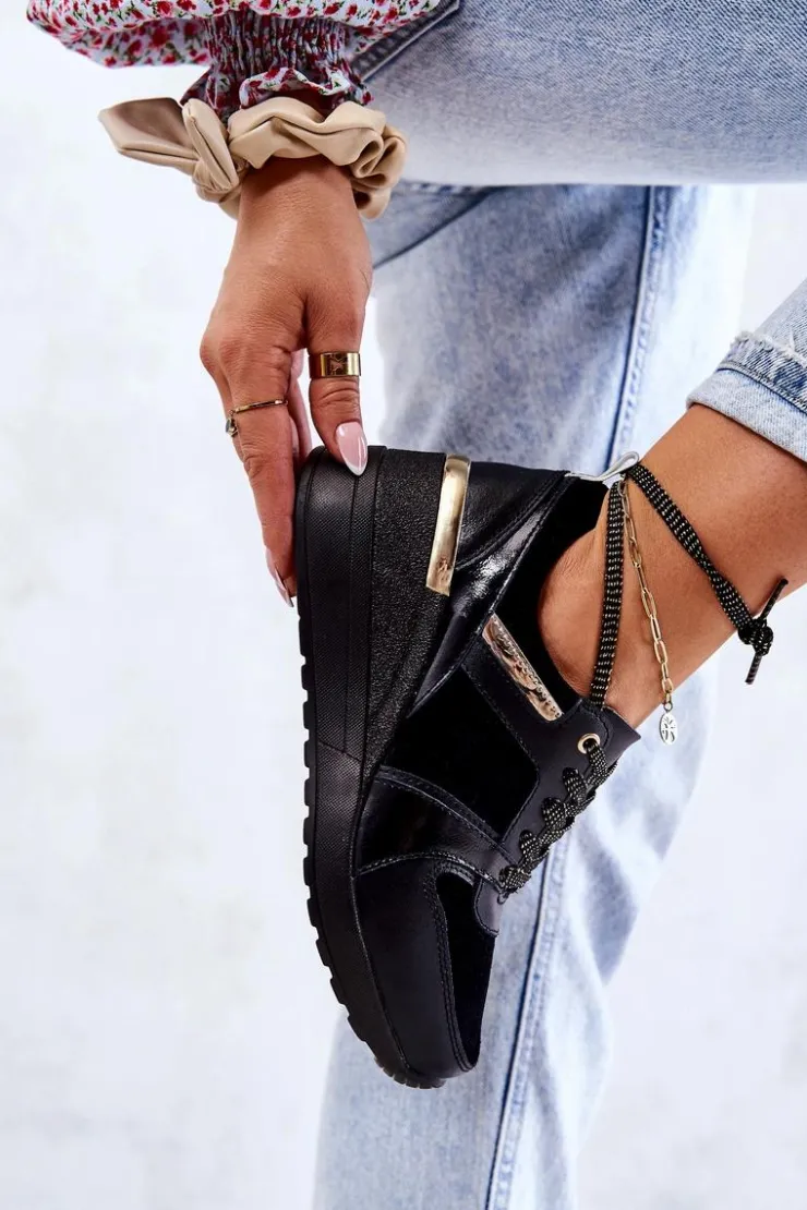 Best Damskie buty S.Barski Skórzane Buty Sportowe Na Koturnie Czarne Rayana