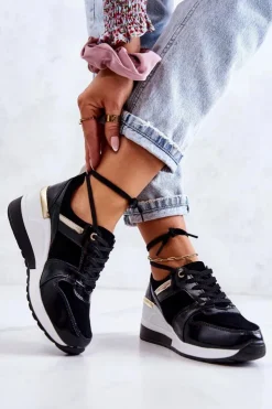 Damskie Damskie buty S.Barski Skórzane Buty Sportowe Na Koturnie Czarno-Białe Rayana