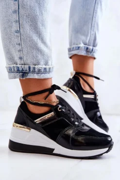 Damskie Damskie buty S.Barski Skórzane Buty Sportowe Na Koturnie Czarno-Białe Rayana