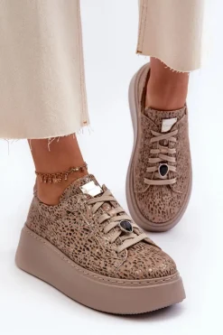 Damskie Maciejka Skórzane Buty Sportowe Na Platformie 06191-10 Beżowe