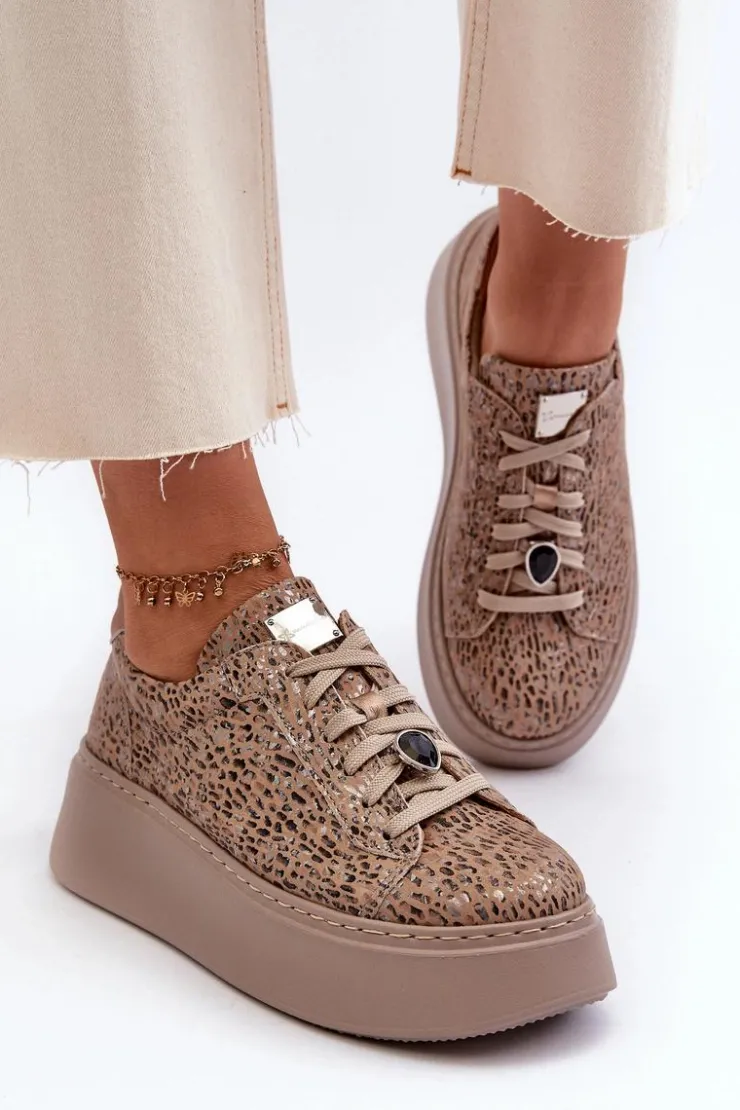 Damskie Maciejka Skórzane Buty Sportowe Na Platformie 06191-10 Beżowe