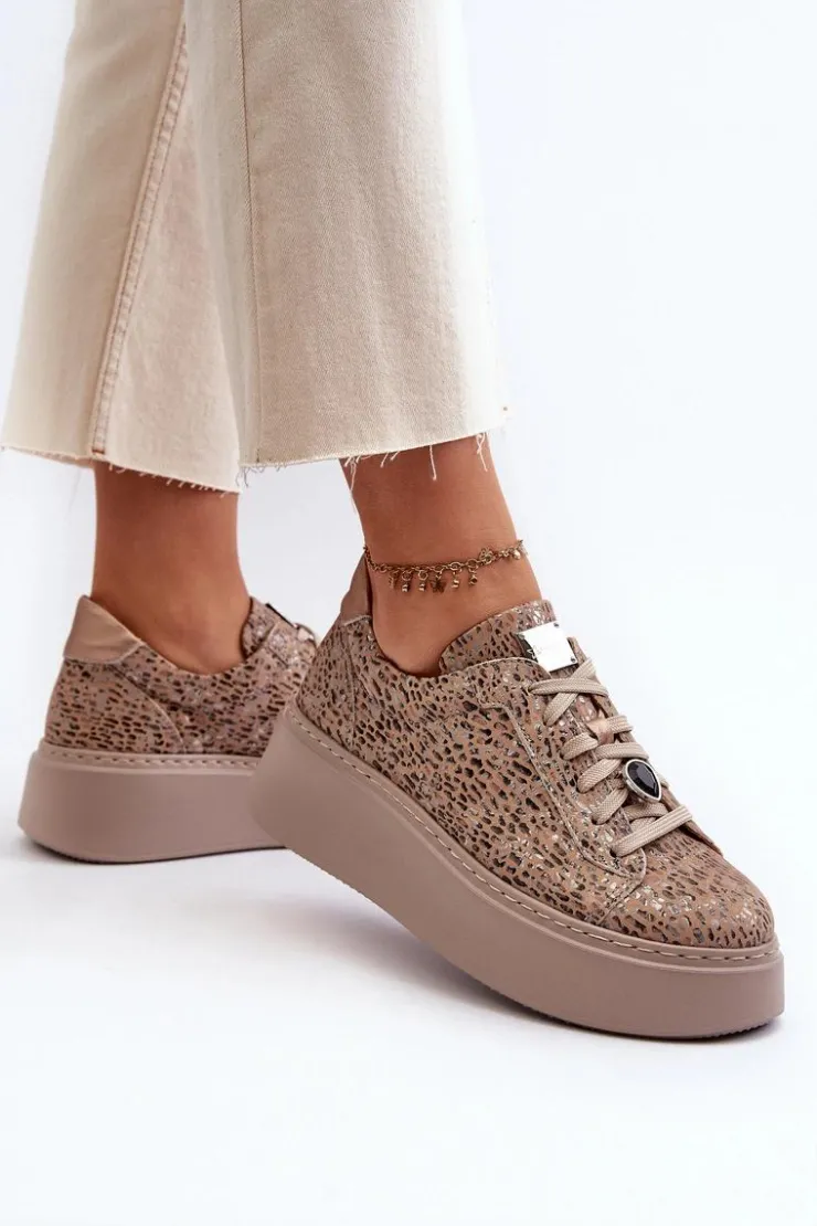 Damskie Maciejka Skórzane Buty Sportowe Na Platformie 06191-10 Beżowe